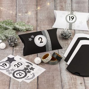 Calendario de Adviento - con Pegatinas de números y Rollos Washi Tape - 24 cajitas cuadradas de cartón - Motivos Blanco y Negro